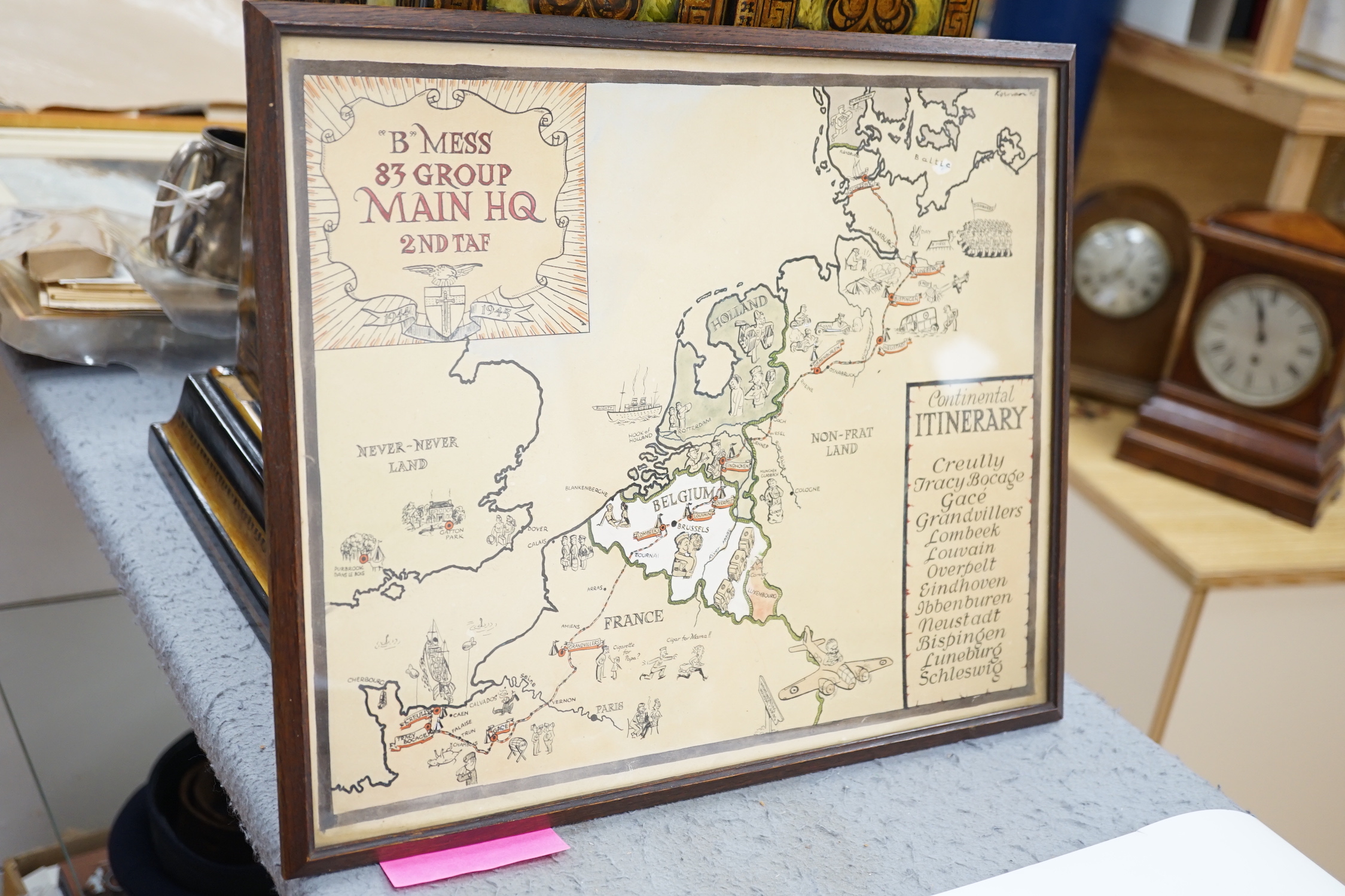 An RAF silver mug, and framed drawing of a map of Belgium and surrounding countries relating to 83rd Group Main HQ, Tactical Air Force 1944-45 together with four WWII medals in the original card, issue box; the Defence M